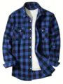 Men blue black flannel plaid shirt long sleeve double pocket button down casual shirt - S / Tops / Blue
