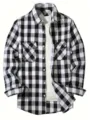 Detailed view of black and white plaid flannel shirt with dual chest pockets and white tee. - S / Tops / White