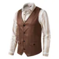 Men vintage brown suede vest with striped long sleeve shirt casual slim fit outerwear - S / Tops / Khaki