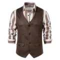 Close-up view of the men brown suede vest detailing, collar size tag and front button closure. - S / Tops / Coffee