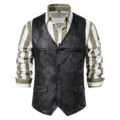 Men's vintage suede V-button vest paired with casual green white striped long sleeve shirt. - S / Tops / Black