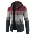 Heren gebreid vest met capuchon en kleurblokken in bordeaux en grijsachtig blauw. - M / Rood & Marine