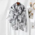 Women black and white floral voile long scarf, lightweight soft fashion accessory for daily wear. - 6# Gray