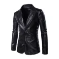 Men's shiny black faux leather slim fit casual suit jacket blazer for daily wear. - M / Top And Bottom / Black