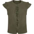 Detail view of the renaissance medieval green suede vest showcasing the lace-up front and cap sleeves. - Green