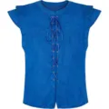 Close-up of blue faux suede Renaissance vest with front lace-up details and metal eyelets. - XS / Tops / Blue