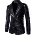 Veste blazer slim en similicuir noir pour homme, costume décontracté brillant et élégant. - M / Haut et Bas / Noir