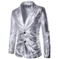 Men's Metallic Silver Casual Blazer Shiny Two-Button Slim Fit Suit Jacket Variant Model - M / Top And Bottom / Silver