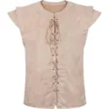Detail shot of the medieval Renaissance vest featuring lace-up front and soft faux suede. - Off White