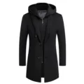 Detail view of men casual woolen trench coat with detachable hood and zipper inner layer. - M / Black
