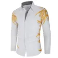 Modisches Herren Langarm Hemd in Weiß mit goldenem Blumenprint und kariertem Kragen. - Weiß Gold Blumen
