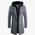 Men's stylish wool blend overcoat featuring a detachable hooded vest design for autumn and winter. - M / Gray