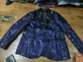 Men's Blue Sequin Blazer Satin Lapel Suit Jacket Single Button Stage Performance Party Outerwear - Navy Blue