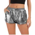 Women's metallic silver shiny PU leather casual elastic drawstring shorts main view - S / Gray