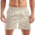 Men's silky satin boxer shorts detail view, solid color comfortable sleepwear lounge shorts. - Champagne