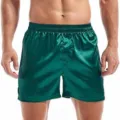 Green satin men lounge shorts detail view, smooth fabric underwear trunk style elastic waist. - S / Green