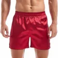 Men's solid red satin boxer shorts, silky smooth casual sleepwear underwear detail. - S / Red