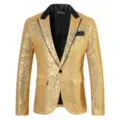 Men's gold sequin blazer detail view, black lapel and single button design for party wear. - S / Gold