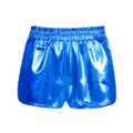 Detail view of shiny metallic blue women casual shorts with elastic waist for summer. - Adult S / Blue