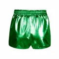 Detail view of the shiny metallic green elastic waist shorts, fashion casual summer hot pants. - Adult S / Green