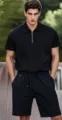 Set sportivo estivo da uomo polo e pantaloncini casual, vestibilità comoda, stile nero. - 2XL / Top e Pantaloni / Completo Nero