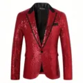 Men's Red Sequin Blazer Jacket Single Button Black Shawl Lapel Disco Party Suit Outerwear - S / Red