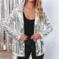 Silberer Pailletten Blazer für Damen, langärmelige offene lässige Glitzer Anzugjacke - S / Oberteile / Silber