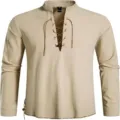 Men long sleeve hippie casual shirt with lace up collar, detailed view of product features. - S / Tops / Beige