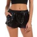 Black PU leather shorts for women, shiny streetwear casual summer shorts with drawstring. - S / Black