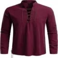 Burgundy men's long sleeve lace-up stand collar shirt detail view and fabric texture. - White
