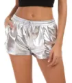 Silver metallic PU leather shorts for women, casual elastic drawstring waist summer pants. - Silver