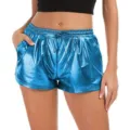 Women metallic shiny blue PU leather casual shorts with drawstring waist and practical pockets. - Lake Blue
