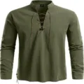 Men's long sleeve military green casual linen henley shirt detail view, vintage lace up collar. - S / Tops / Army Green