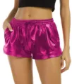 Women metallic shiny PU leather shorts summer casual drawstring elastic waist hot pants street style - Rose Red