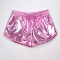 Shiny metallic pink women's casual shorts with elastic drawstring waist and side pockets. - Pink