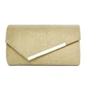 Stunning gold glitter clutch evening bag with elegant diagonal metal bar and flap closure. - Gold