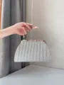 Silver pleated clutch evening bag, sparkling glitter fabric, metallic frame and rhinestone handle. - Silver