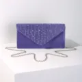 Elegant purple evening clutch bag with rhinestone flap and metal chain strap for women. - Purple