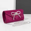 Pink glitter evening clutch bag with rhinestone bow and silver chain for women party banquet. - Rose Red