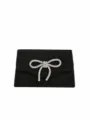 Black faux suede evening clutch bag with sparkling rhinestone bow, elegant party handbag. - Black