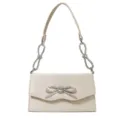 Elegant suede shoulder bag with rhinestone bow and sparkling crystal strap for evening events. - Apricot