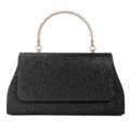 Black glitter evening handbag for women with elegant gold metal handle stylish party bag - Black