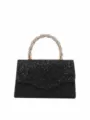 Black sequin evening clutch bag with elegant rhinestone twisted handle for parties. - Black