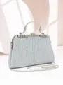 Silver Evening Clutch Bag Rhinestone Kiss Lock Handbag Metallic Chain Crossbody Purse - Silver