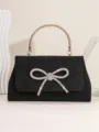 Elegant black glitter evening handbag with sparkling rhinestone bow and chic gold metal handle for women - 22*21*5 cm / Black
