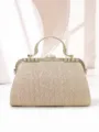 Gold glitter evening clutch bag with crystal rhinestone frame and metal top handle for women. - Champagne