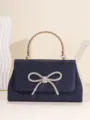 Elegant dark blue glitter evening handbag with sparkling rhinestone bow and gold metal round handle. - 22*21*5 cm / Navy Blue