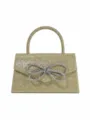 Gold rhinestone evening bag with sparkling bow, elegant top handle bag for party wedding. - Gold