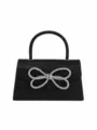 Black sequin evening bag with sparkling rhinestone bow, elegant top handle handbag. - Black