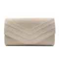 Elegant beige suede evening clutch bag for women, featuring chic chevron V-flap design style. - Apricot